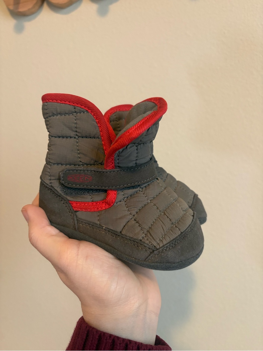 Keen Quilted Gray and Red Baby Booties